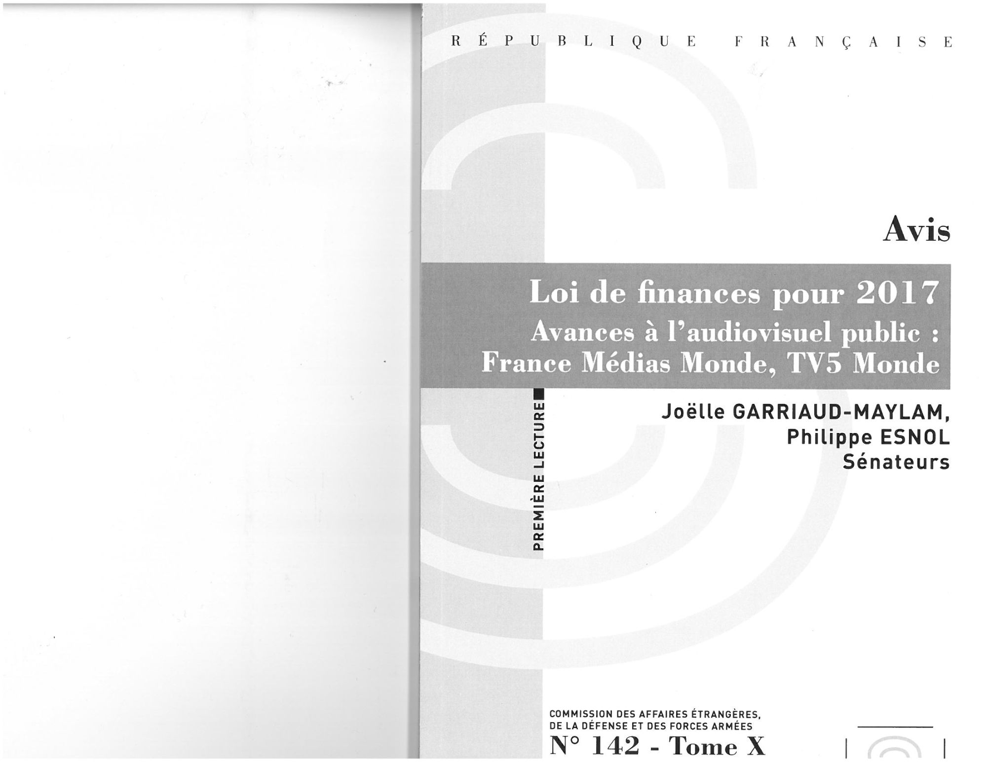 Avis - Loi de finances pour 2017 - Avance à l'audiovisuel public: FMM, TV5 Monde